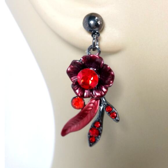 Red Necklace BriLove Crystal Blossom Floral  Leaf Collar Matching Earrings Set - Picture 9 of 16